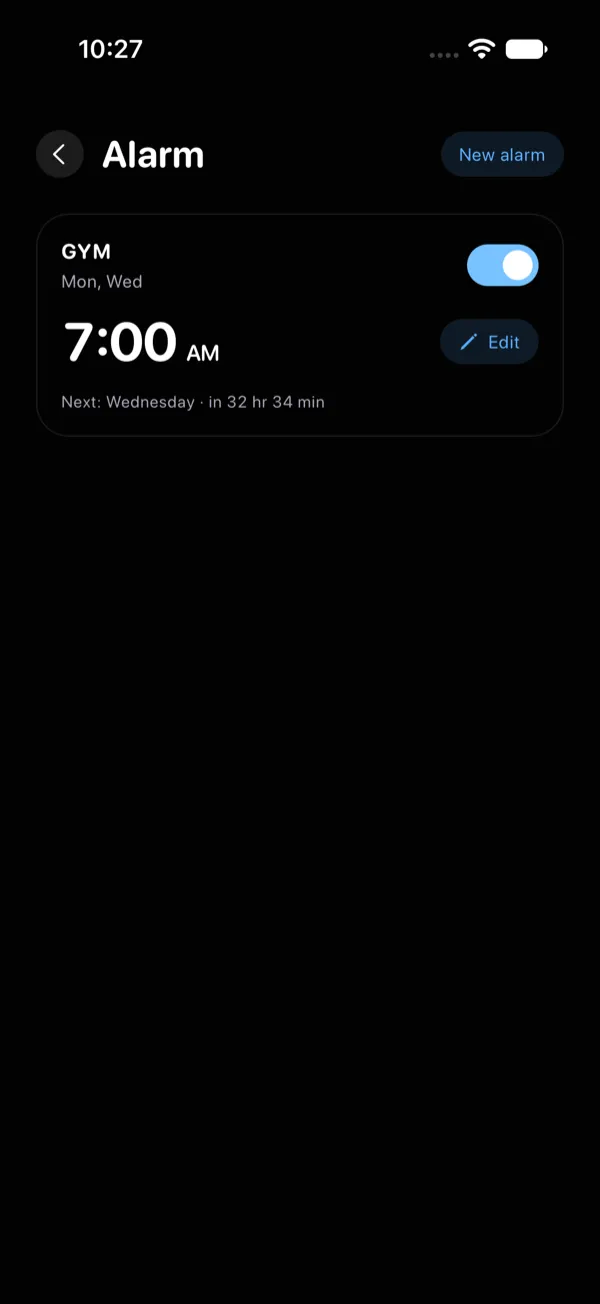 Alarm screen showing a repeating alarm called Gym at 7:00 AM on Mondays and Wednesdays, switched on.