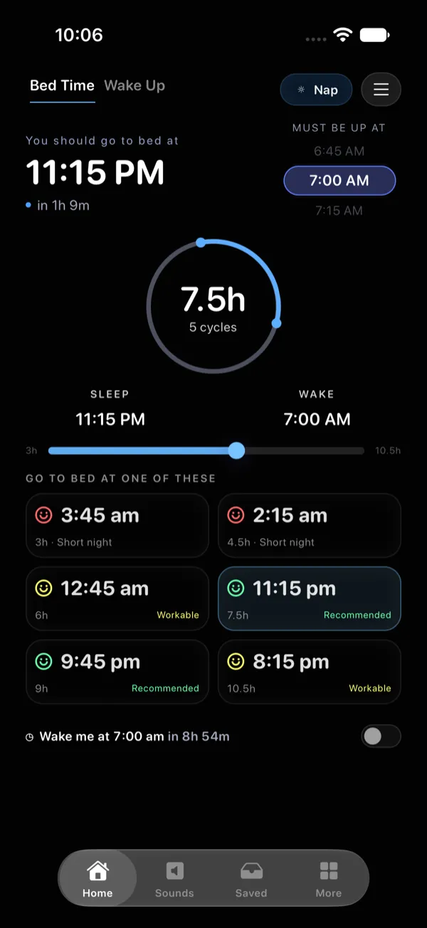 Napzy's Home screen. Wake-up time 7:00 AM, suggested bedtime 11:15 PM, and other bedtimes marked Short night, Workable or Recommended.